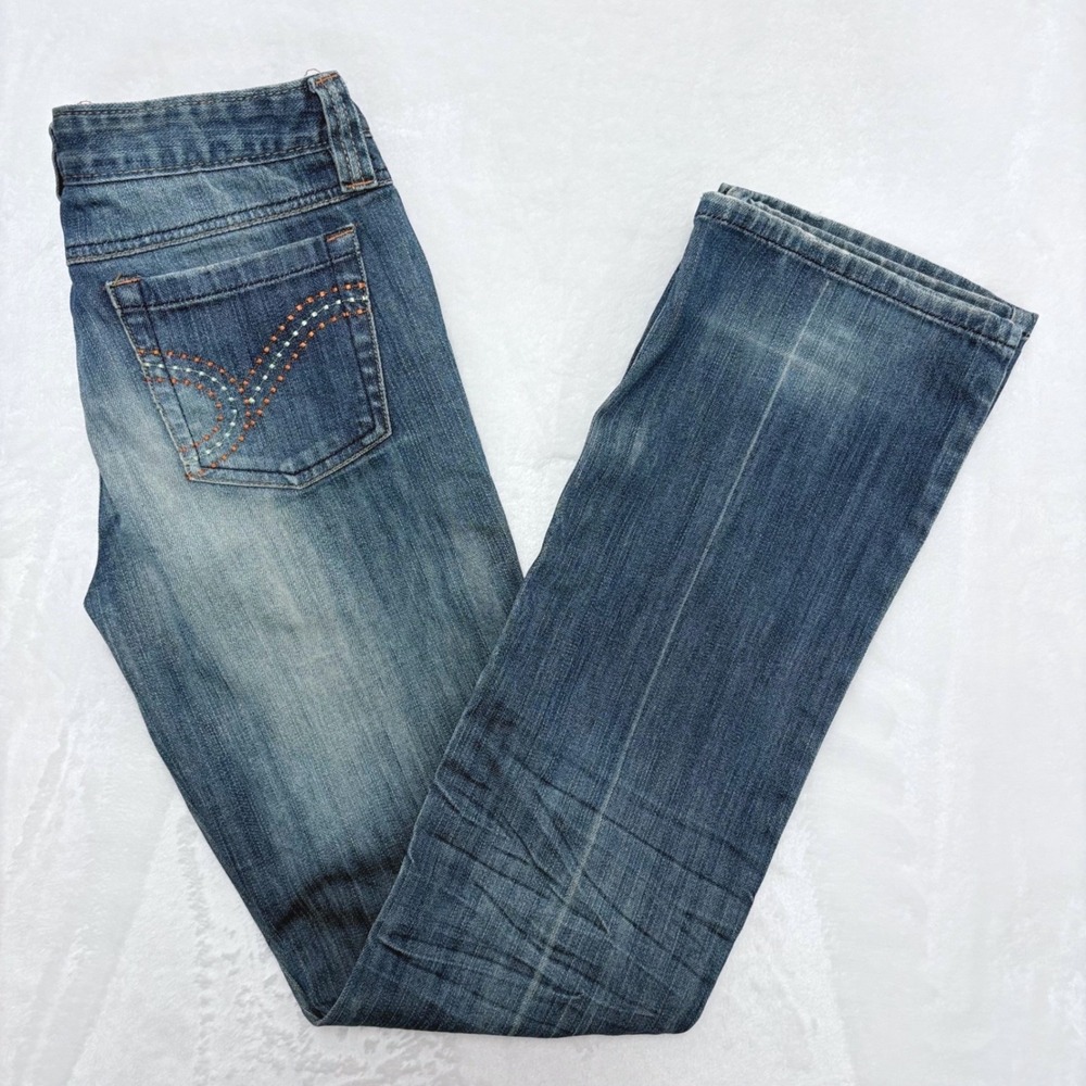 Mudd Jeans Y2K Size 3 Low Rise Flare Medium Wash‎ Distressed Denim Blue Vintage